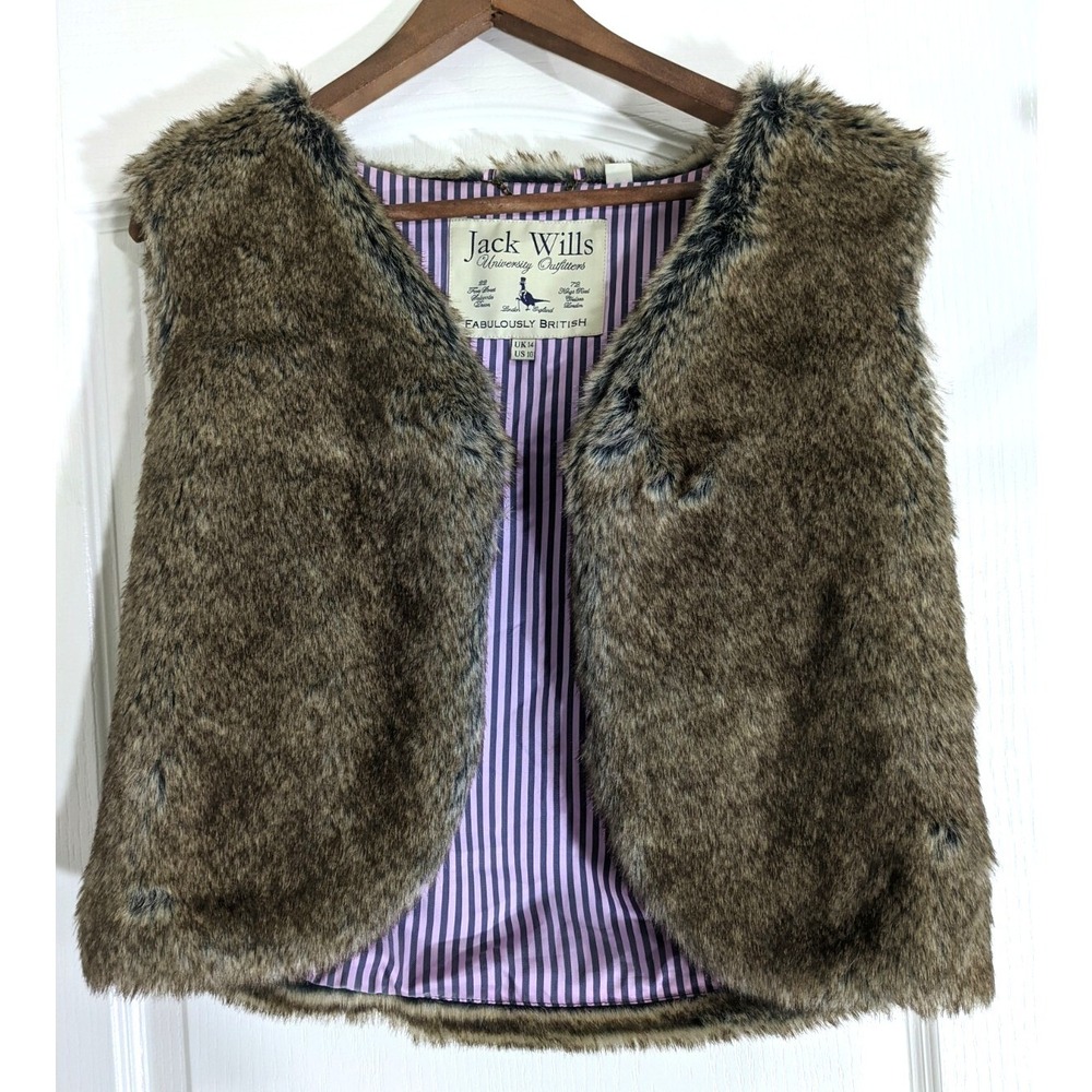 Jack Wills Faux Fur Vest Brown Gilet Striped Lining Womens US 10 UK 14 Boho